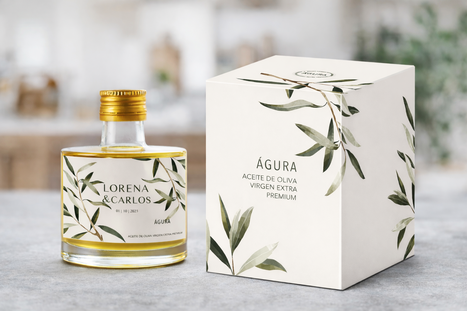 agura caja y botella personalizada agura diseño caja box etiqueta aceite de oliva virgen extra agura